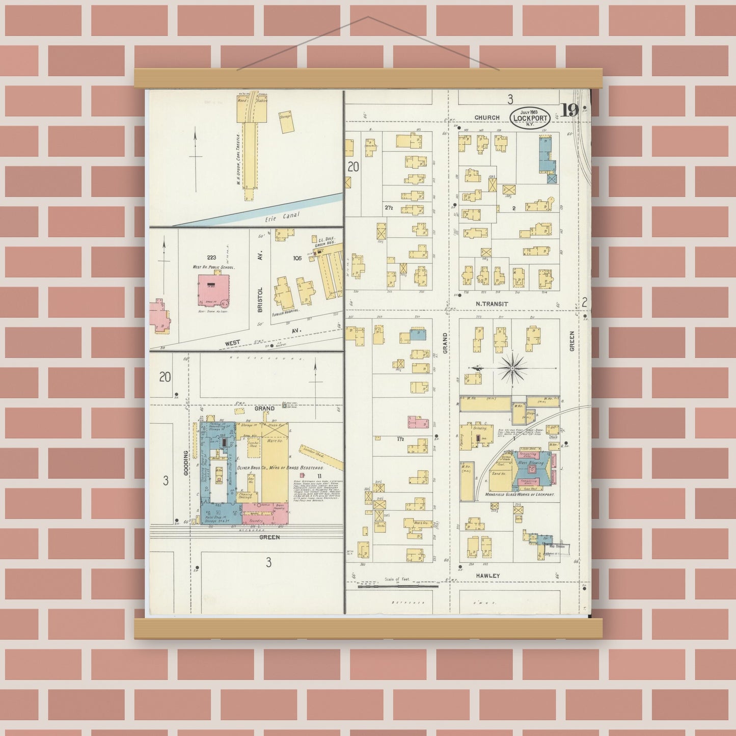Old map wall art mockup — magnetic wood frame on brick wall — Sanborn Fire Insurance Map from Lockport, Niagara County, New York (1903), Sheet #0019