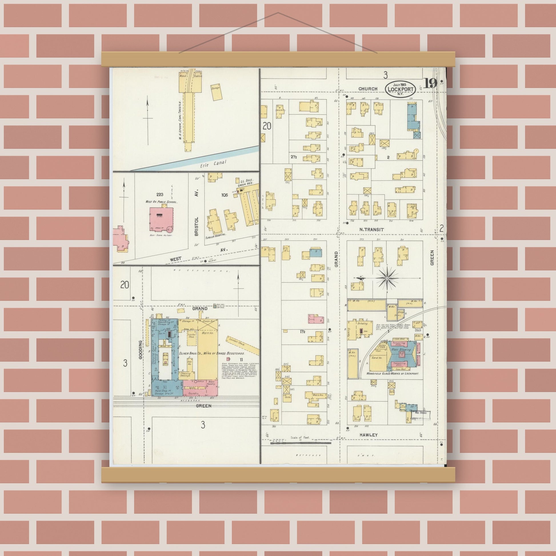 Old map wall art mockup — magnetic wood frame on brick wall — Sanborn Fire Insurance Map from Lockport, Niagara County, New York (1903), Sheet #0019