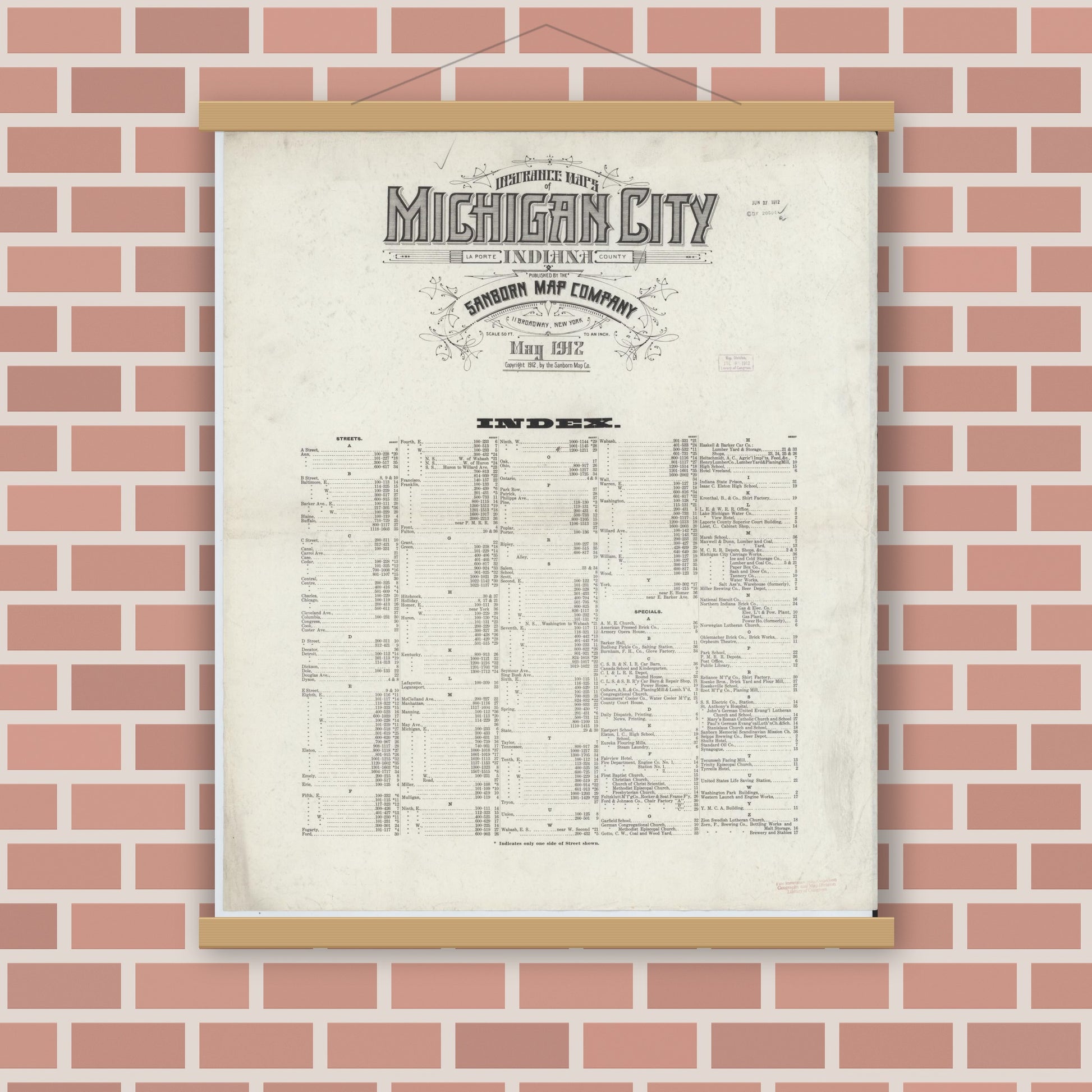 Old map wall art mockup — magnetic wood frame on brick wall — Sanborn Fire Insurance Map from Michigan City, La Porte County, Indiana (1912), Sheet #0001