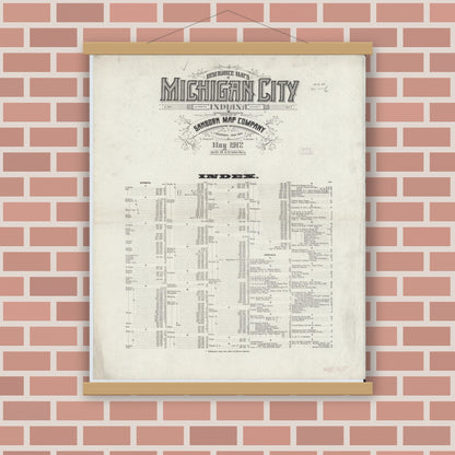 Old map wall art mockup — magnetic wood frame on brick wall — Sanborn Fire Insurance Map from Michigan City, La Porte County, Indiana (1912), Sheet #0001