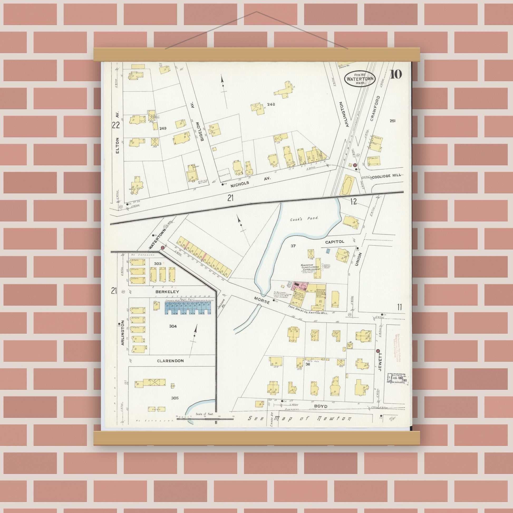 Old map wall art mockup — magnetic wood frame on brick wall — Sanborn Fire Insurance Map from Watertown, Middlesex County, Massachusetts (1911), Sheet #0010