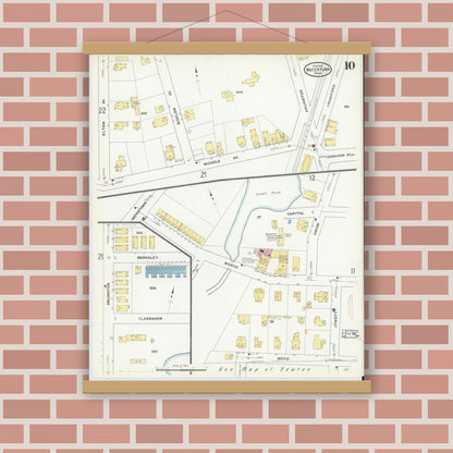 Old map wall art mockup — magnetic wood frame on brick wall — Sanborn Fire Insurance Map from Watertown, Middlesex County, Massachusetts (1911), Sheet #0010
