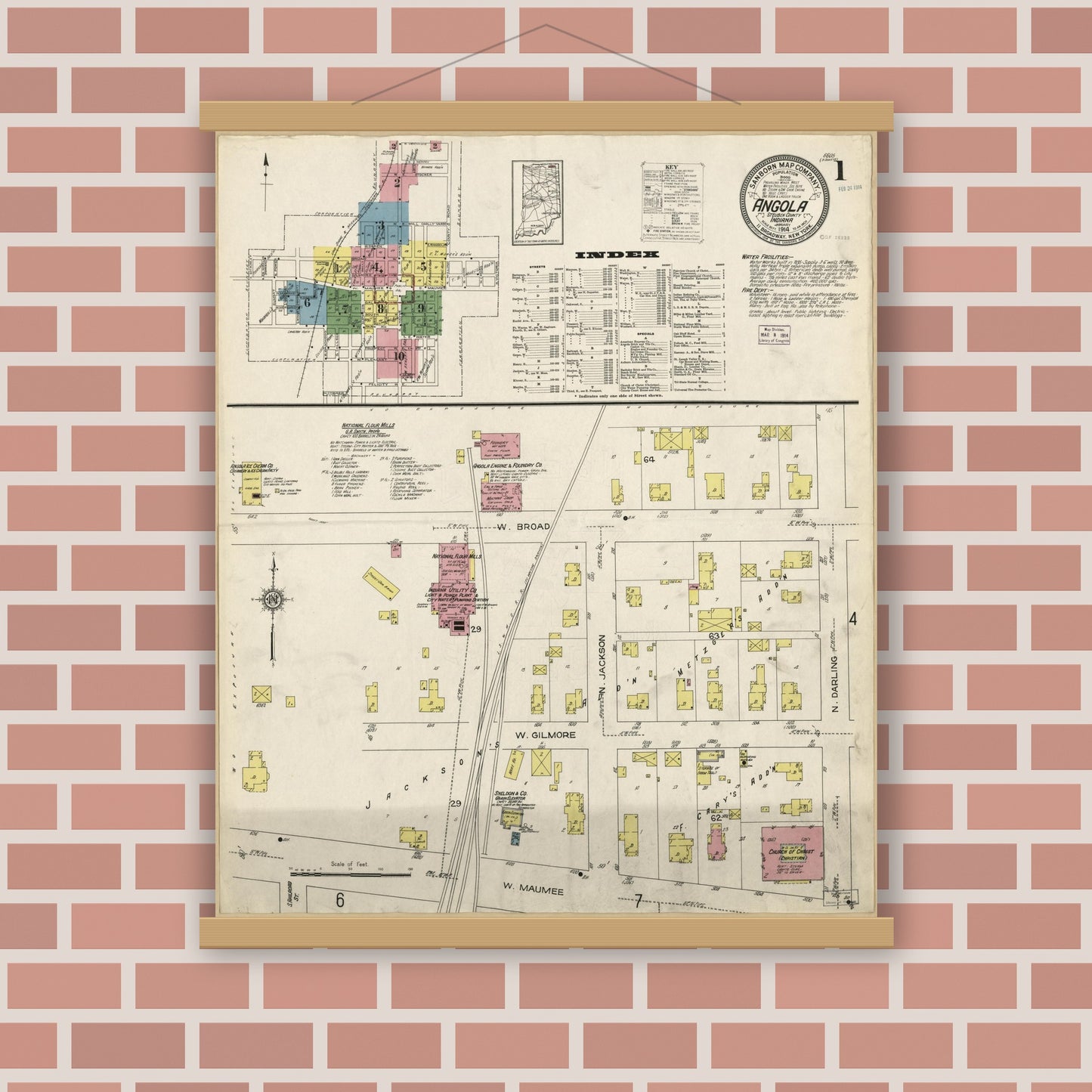 Old map wall art mockup — magnetic wood frame on brick wall — Sanborn Fire Insurance Map from Angola, Steuben County, Indiana (1914), Sheet #0001
