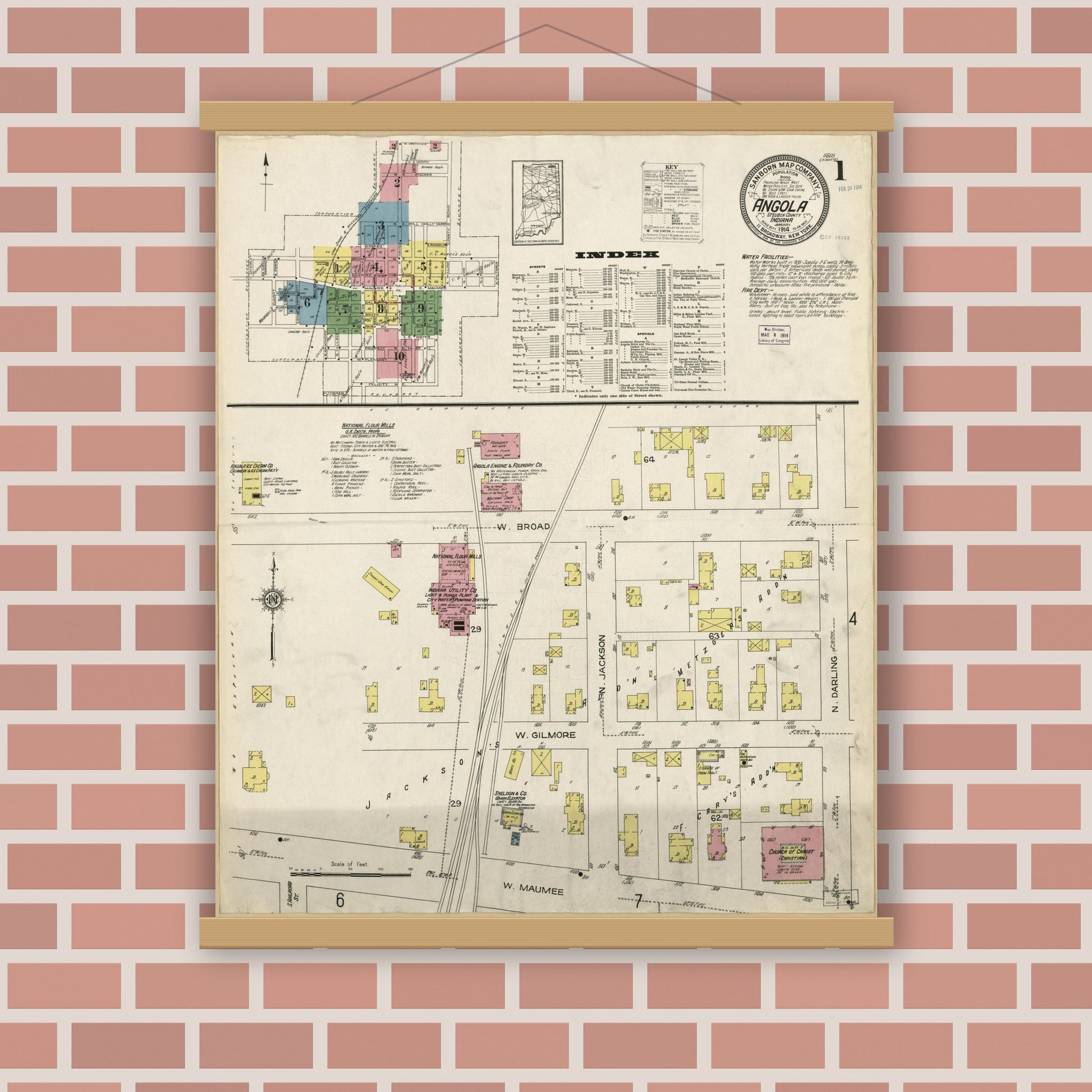 Old map wall art mockup — magnetic wood frame on brick wall — Sanborn Fire Insurance Map from Angola, Steuben County, Indiana (1914), Sheet #0001