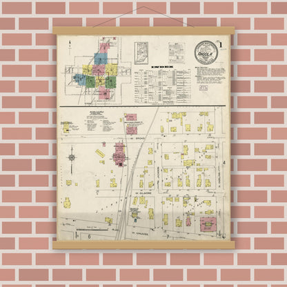 Old map wall art mockup — magnetic wood frame on brick wall — Sanborn Fire Insurance Map from Angola, Steuben County, Indiana (1914), Sheet #0001