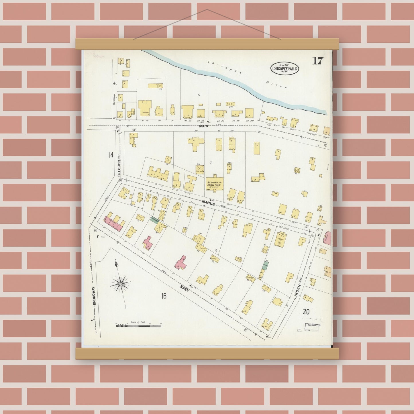 Old map wall art mockup — magnetic wood frame on brick wall — Sanborn Fire Insurance Map from Chicopee, Hampden County, Massachusetts (1902), Sheet #0017