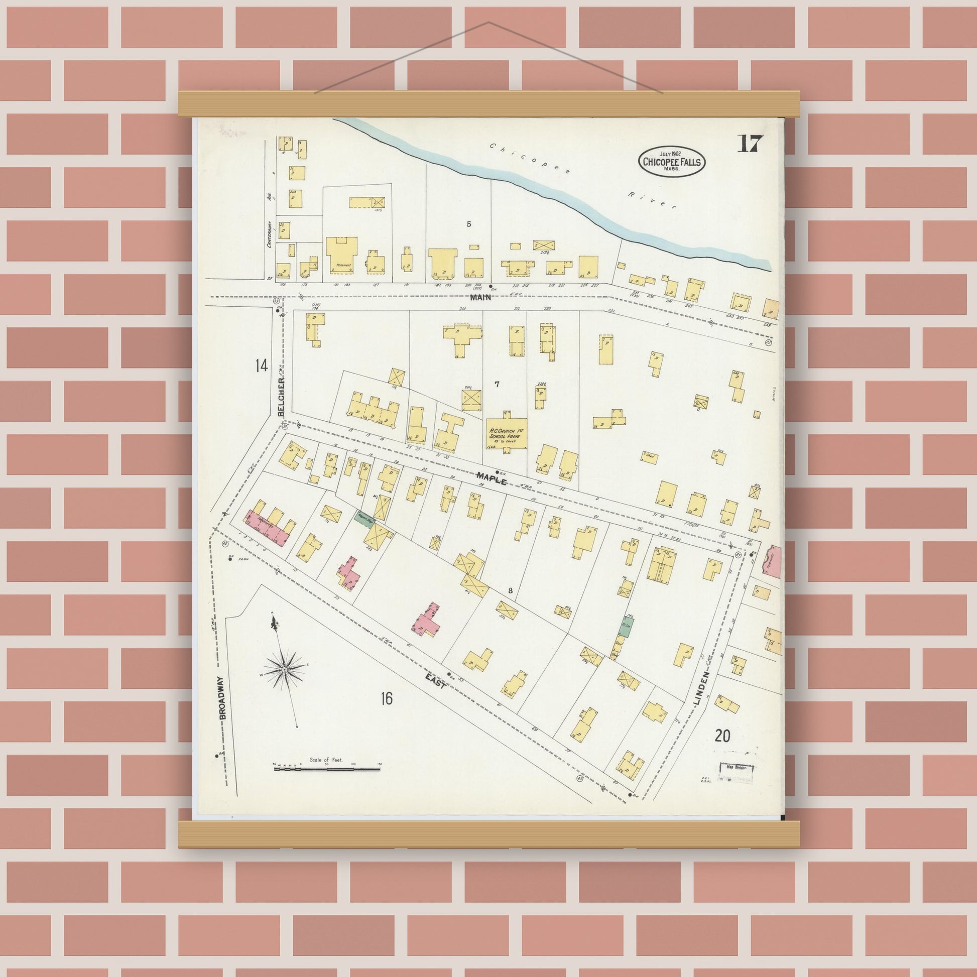 Old map wall art mockup — magnetic wood frame on brick wall — Sanborn Fire Insurance Map from Chicopee, Hampden County, Massachusetts (1902), Sheet #0017