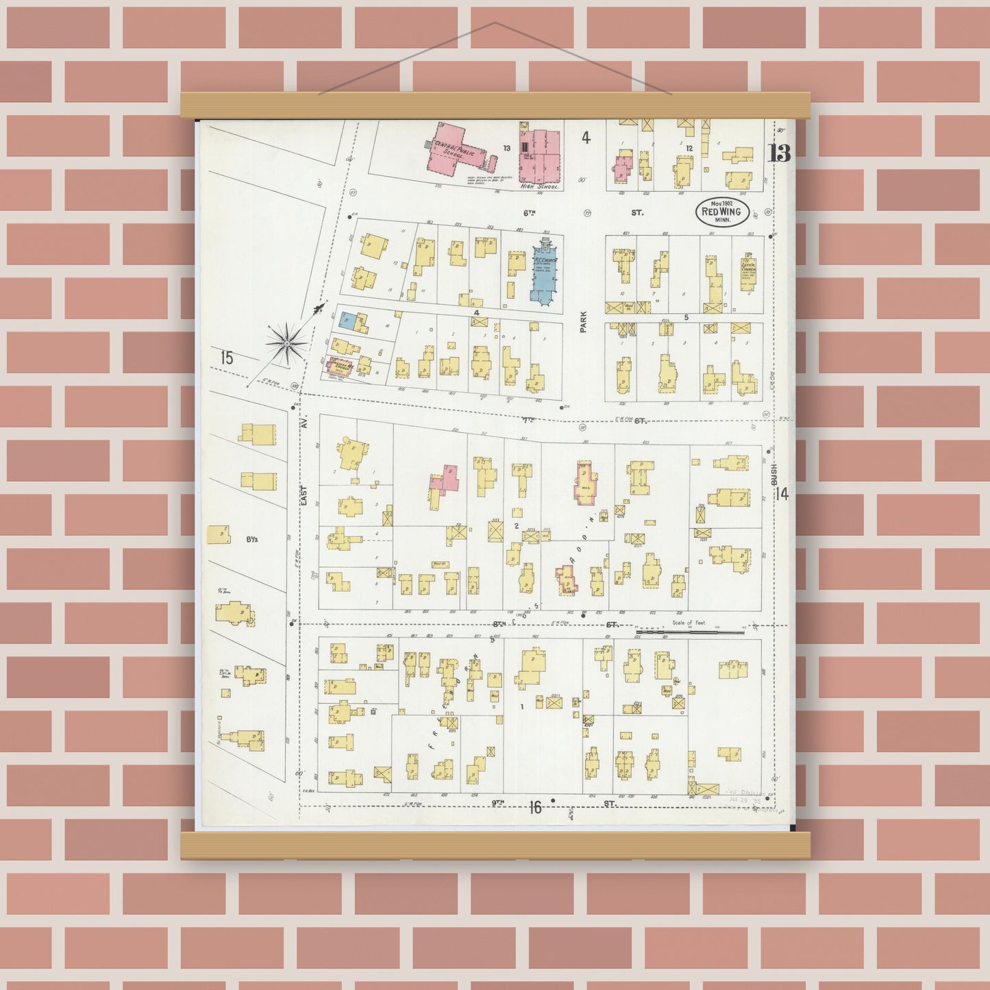 Old map wall art mockup — magnetic wood frame on brick wall — Sanborn Fire Insurance Map from Red Wing, Goodhue County, Minnesota (1902), Sheet #0013