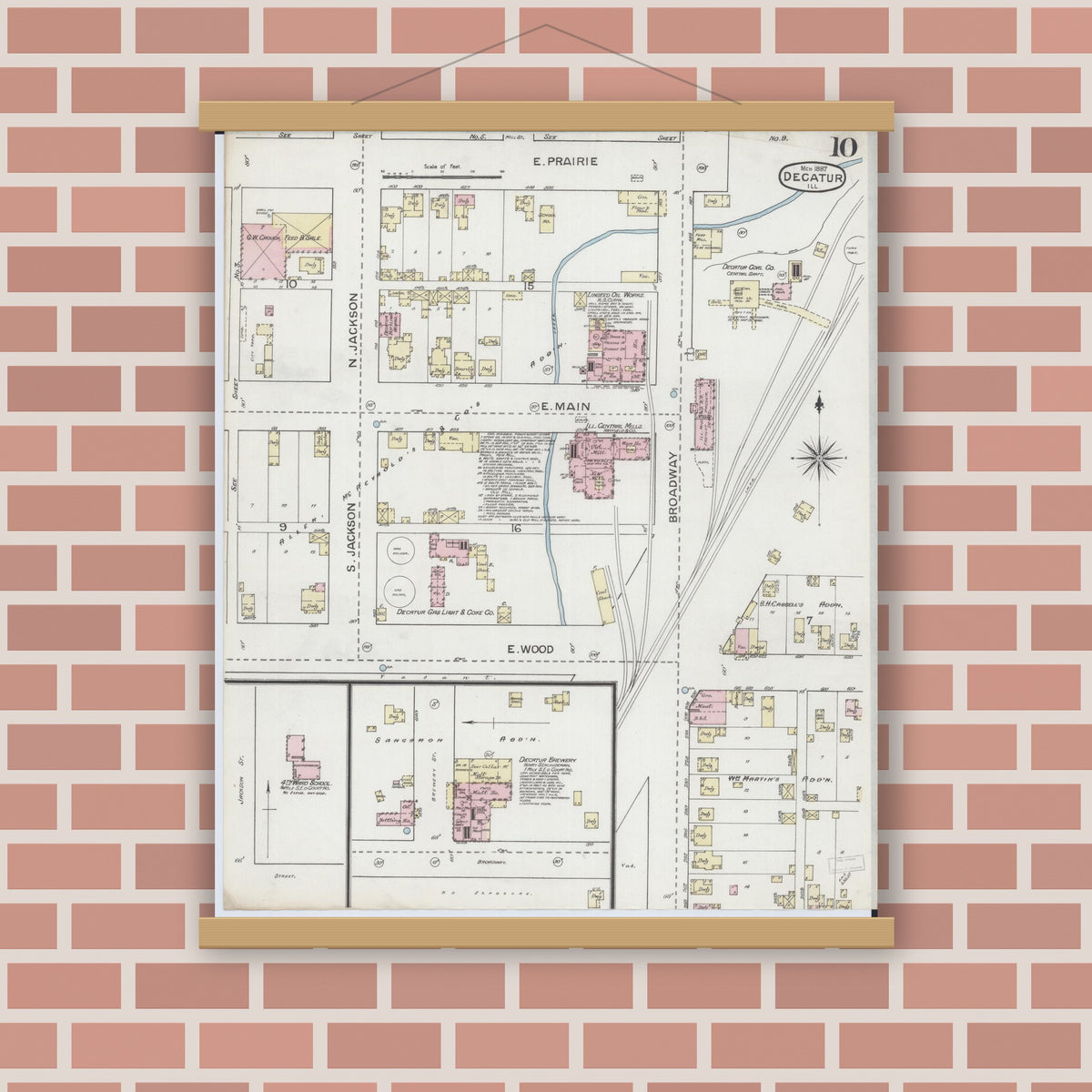 Old map wall art mockup — magnetic wood frame on brick wall — Sanborn Fire Insurance Map from Decatur, Macon County, Illinois (1887), Sheet #0010