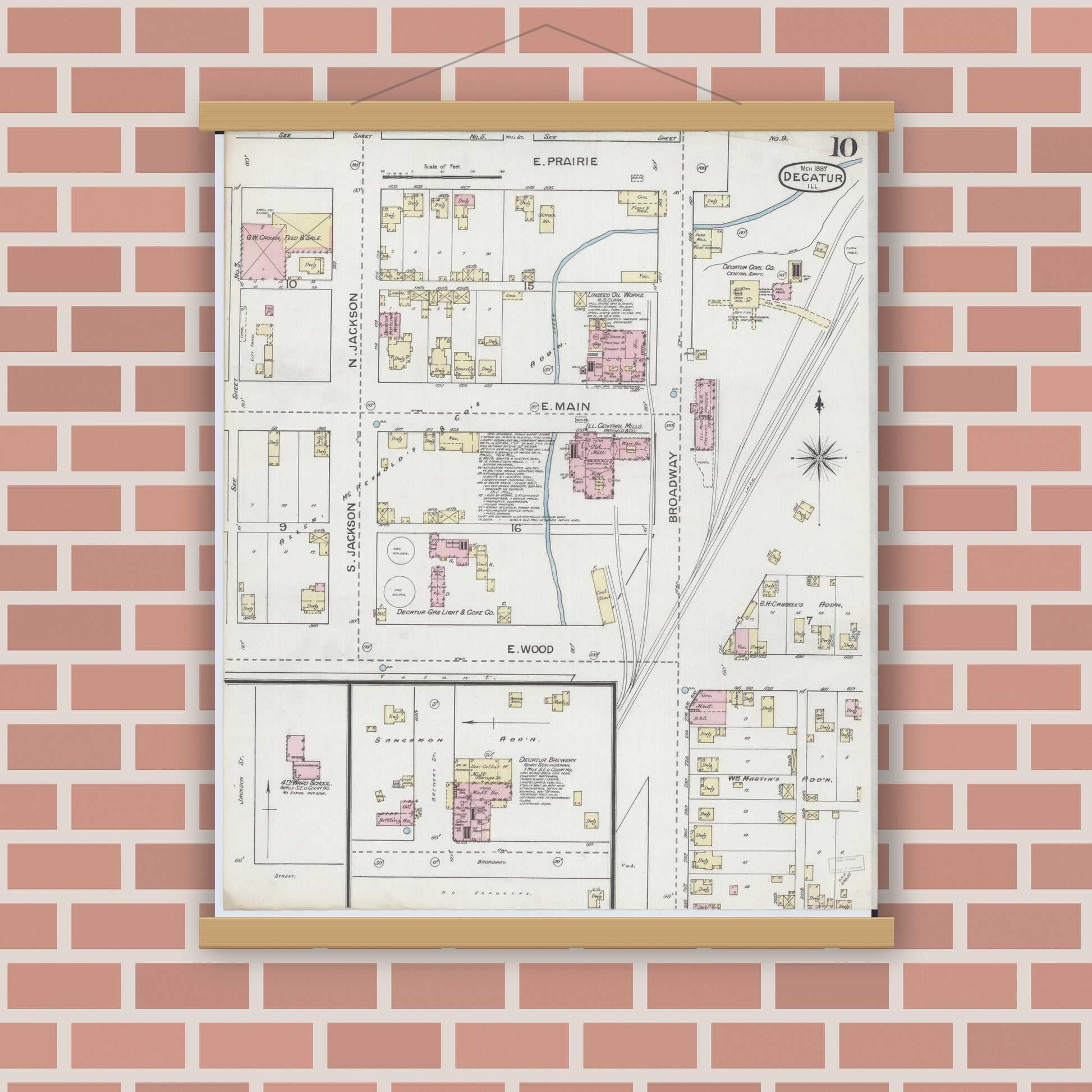 Old map wall art mockup — magnetic wood frame on brick wall — Sanborn Fire Insurance Map from Decatur, Macon County, Illinois (1887), Sheet #0010