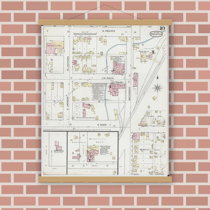 Old map wall art mockup — magnetic wood frame on brick wall — Sanborn Fire Insurance Map from Decatur, Macon County, Illinois (1887), Sheet #0010