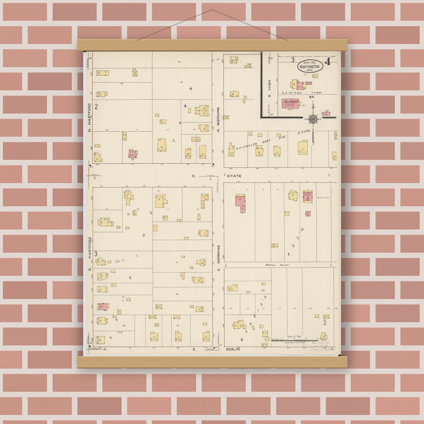 Old map wall art mockup — magnetic wood frame on brick wall — Sanborn Fire Insurance Map from Worthington, Franklin County, Ohio (1922), Sheet #0004
