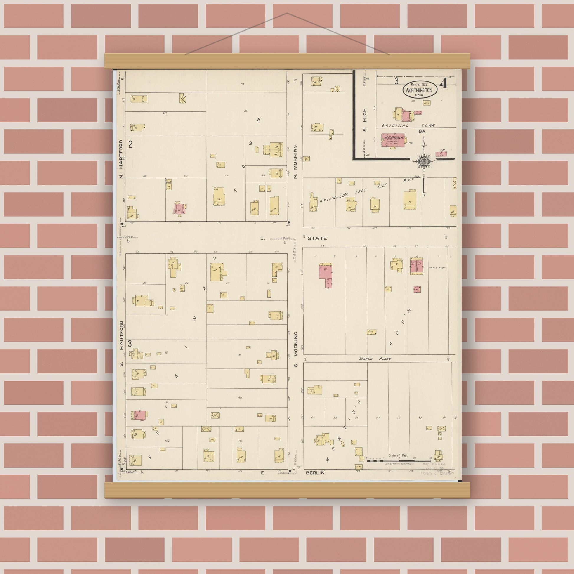 Old map wall art mockup — magnetic wood frame on brick wall — Sanborn Fire Insurance Map from Worthington, Franklin County, Ohio (1922), Sheet #0004