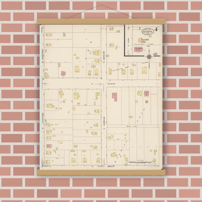 Old map wall art mockup — magnetic wood frame on brick wall — Sanborn Fire Insurance Map from Worthington, Franklin County, Ohio (1922), Sheet #0004