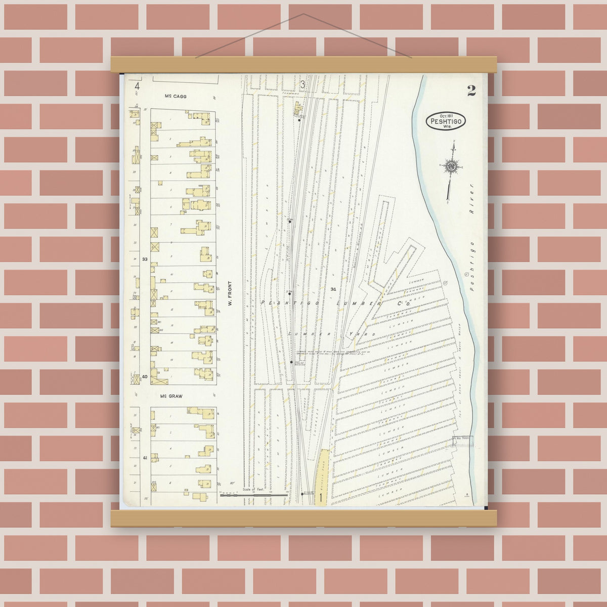 Old map wall art mockup — magnetic wood frame on brick wall — Sanborn Fire Insurance Map from Peshtigo, Marinette County, Wisconsin (1911), Sheet #0002