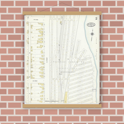 Old map wall art mockup — magnetic wood frame on brick wall — Sanborn Fire Insurance Map from Peshtigo, Marinette County, Wisconsin (1911), Sheet #0002