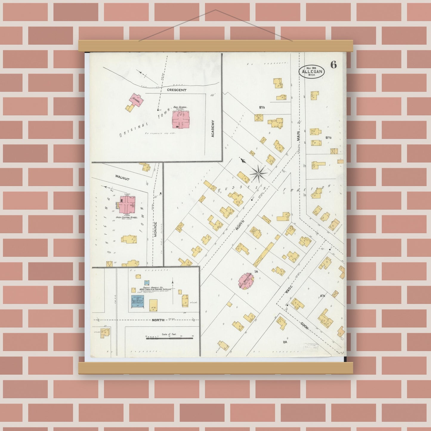 Old map wall art mockup — magnetic wood frame on brick wall — Sanborn Fire Insurance Map from Allegan, Allegan County, Michigan (1906), Sheet #0006