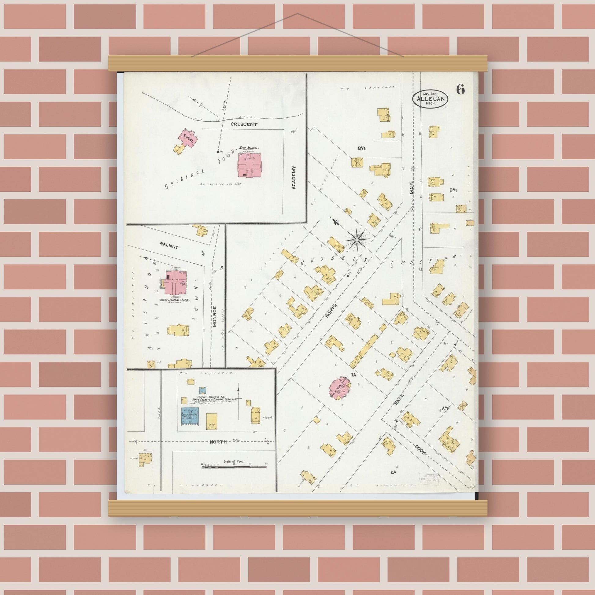 Old map wall art mockup — magnetic wood frame on brick wall — Sanborn Fire Insurance Map from Allegan, Allegan County, Michigan (1906), Sheet #0006