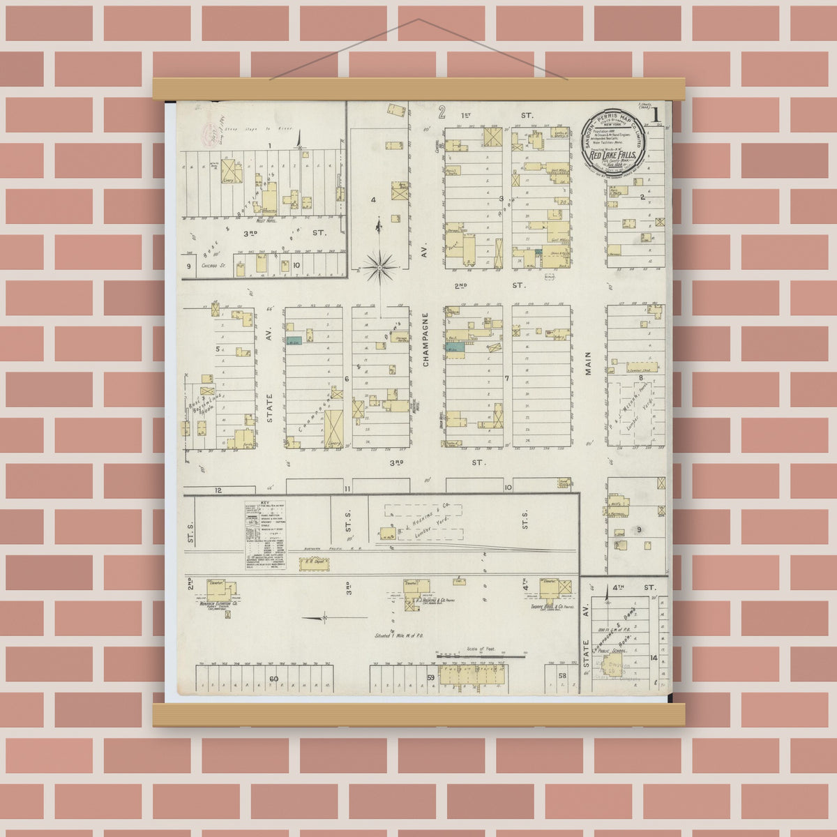 Old map wall art mockup — magnetic wood frame on brick wall — Sanborn Fire Insurance Map from Red Lake Falls, Red Lake County, Minnesota (1894), Sheet #0001
