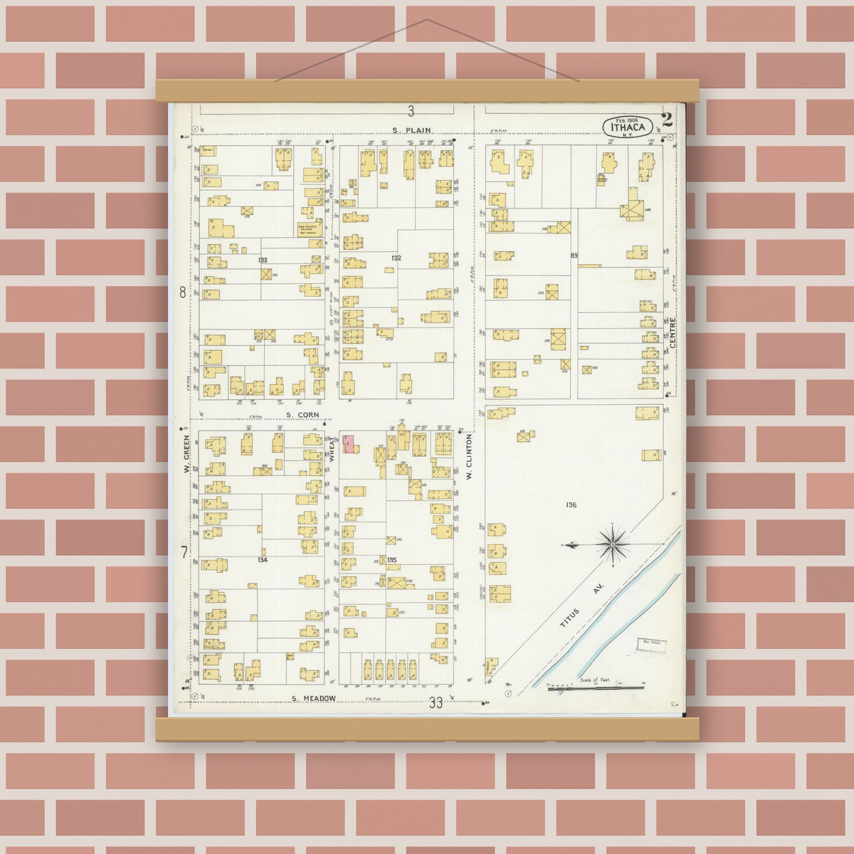 Old map wall art mockup — magnetic wood frame on brick wall — Sanborn Fire Insurance Map from Ithaca, Tompkins County, New York (1904) - Complete Map Set