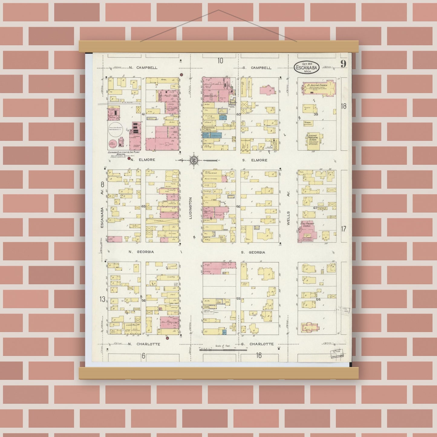 Old map wall art mockup — magnetic wood frame on brick wall — Sanborn Fire Insurance Map from Escanaba, Delta County, Michigan (1913), Sheet #0009