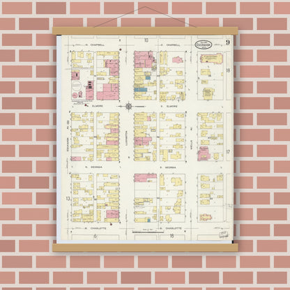 Old map wall art mockup — magnetic wood frame on brick wall — Sanborn Fire Insurance Map from Escanaba, Delta County, Michigan (1913), Sheet #0009