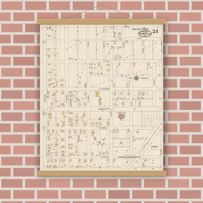 Old map wall art mockup — magnetic wood frame on brick wall — Sanborn Fire Insurance Map from Gainesville, Cooke County, Texas (1922), Sheet #0024