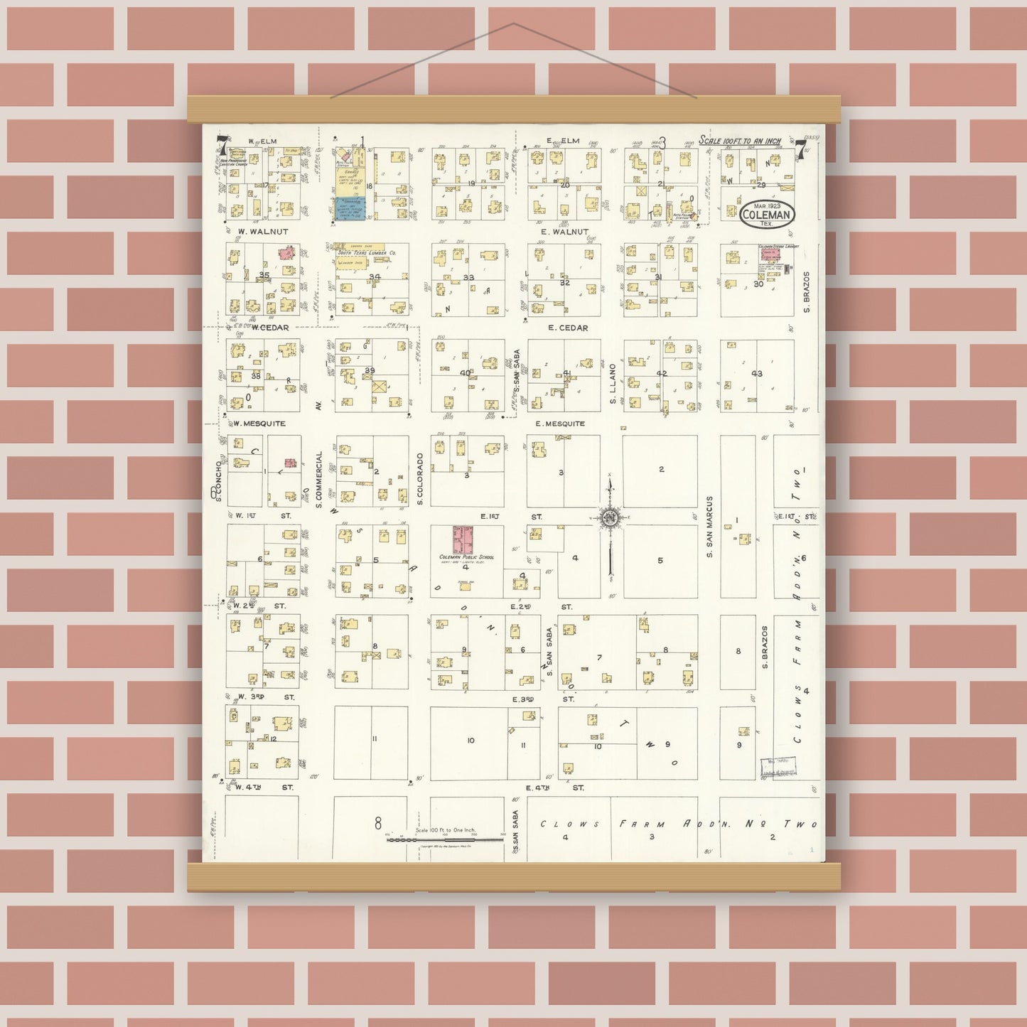 Old map wall art mockup — magnetic wood frame on brick wall — Sanborn Fire Insurance Map from Coleman, Coleman County, Texas (1923), Sheet #0007