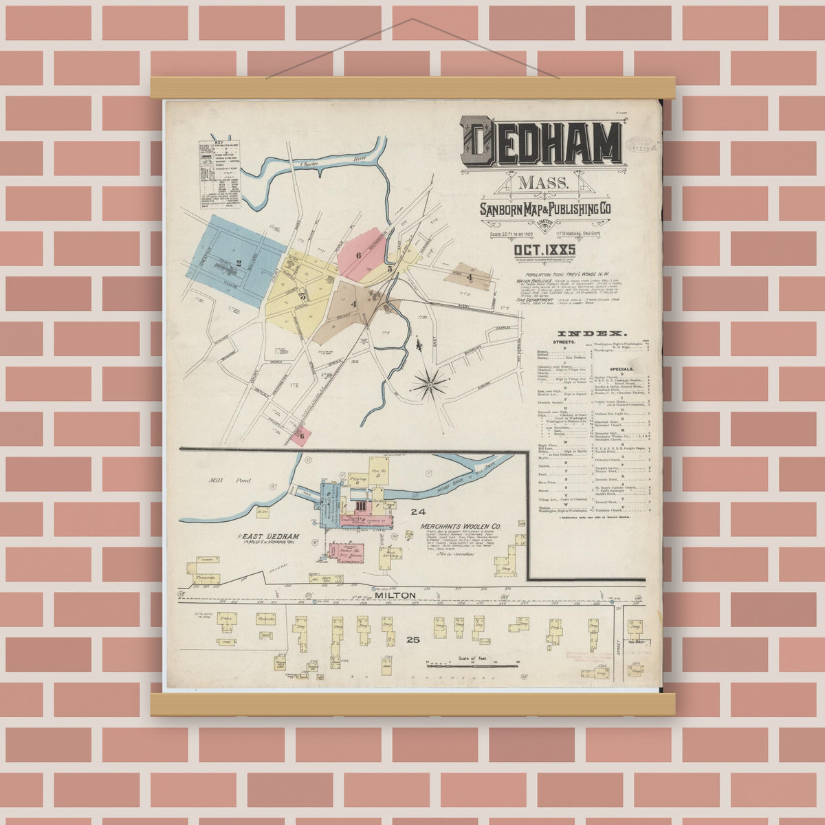 Old map wall art mockup — magnetic wood frame on brick wall — Sanborn Fire Insurance Map from Dedham, Norfolk County, Massachusetts (1885) - Complete Map Set