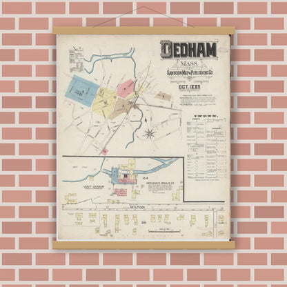 Old map wall art mockup — magnetic wood frame on brick wall — Sanborn Fire Insurance Map from Dedham, Norfolk County, Massachusetts (1885) - Complete Map Set