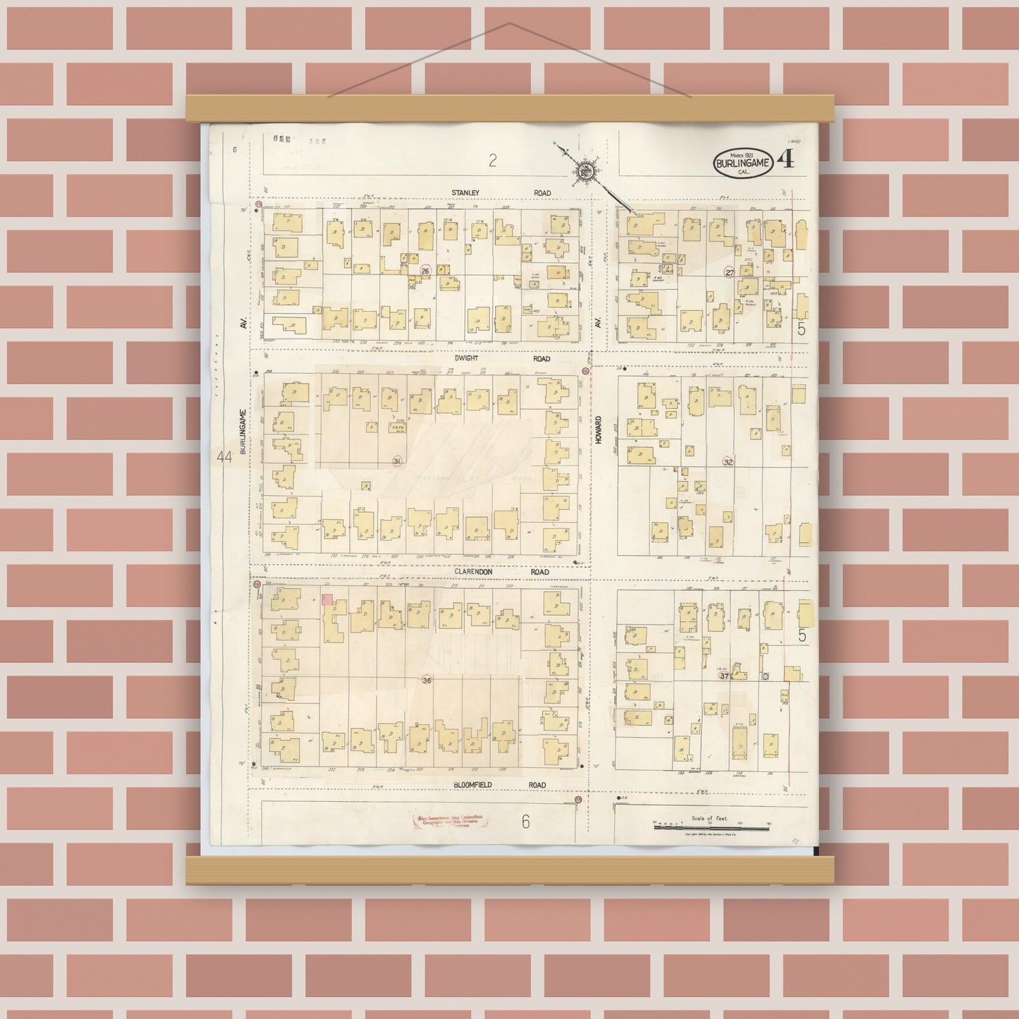 Old map wall art mockup — magnetic wood frame on brick wall — Sanborn Fire Insurance Map from Burlingame, San Mateo County, California (1949), Sheet #0004