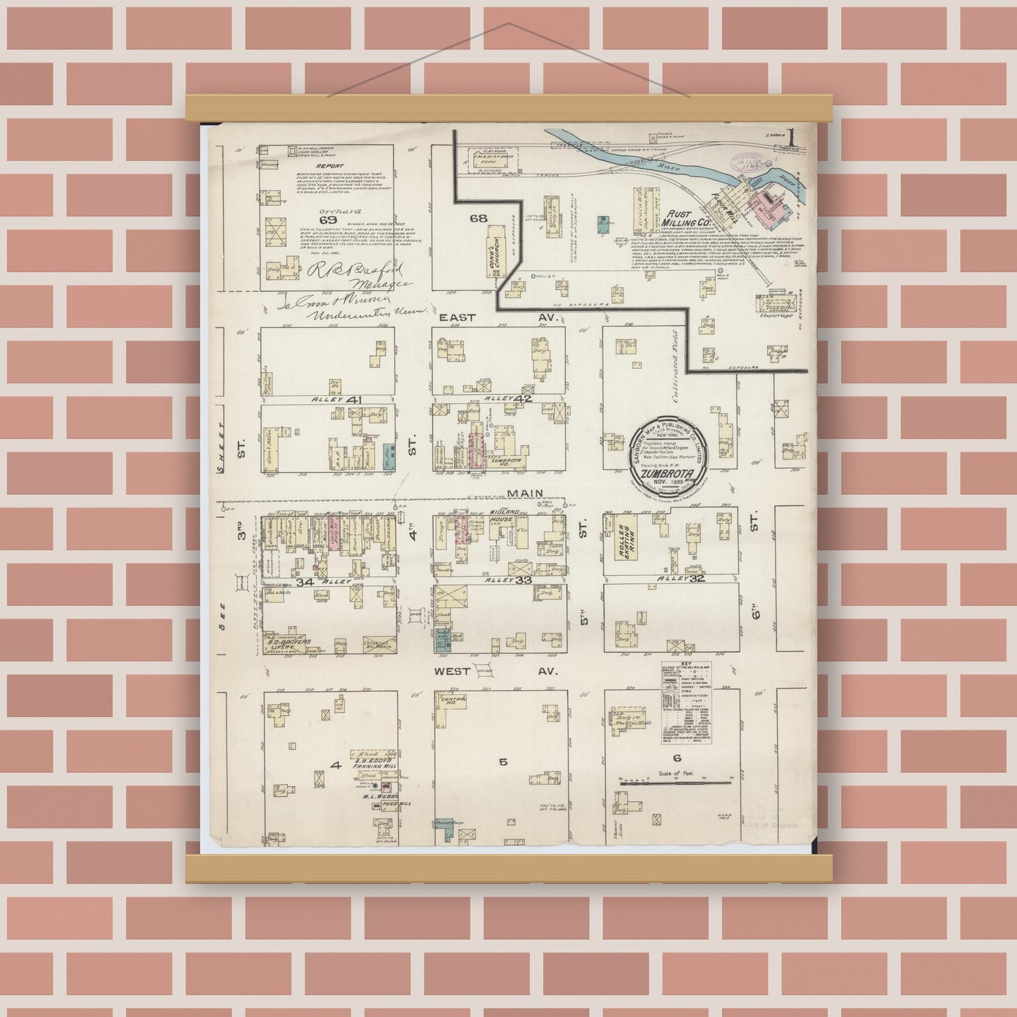 Old map wall art mockup — magnetic wood frame on brick wall — Sanborn Fire Insurance Map from Zumbrota, Goodhue County, Minnesota (1885) - Complete Map Set