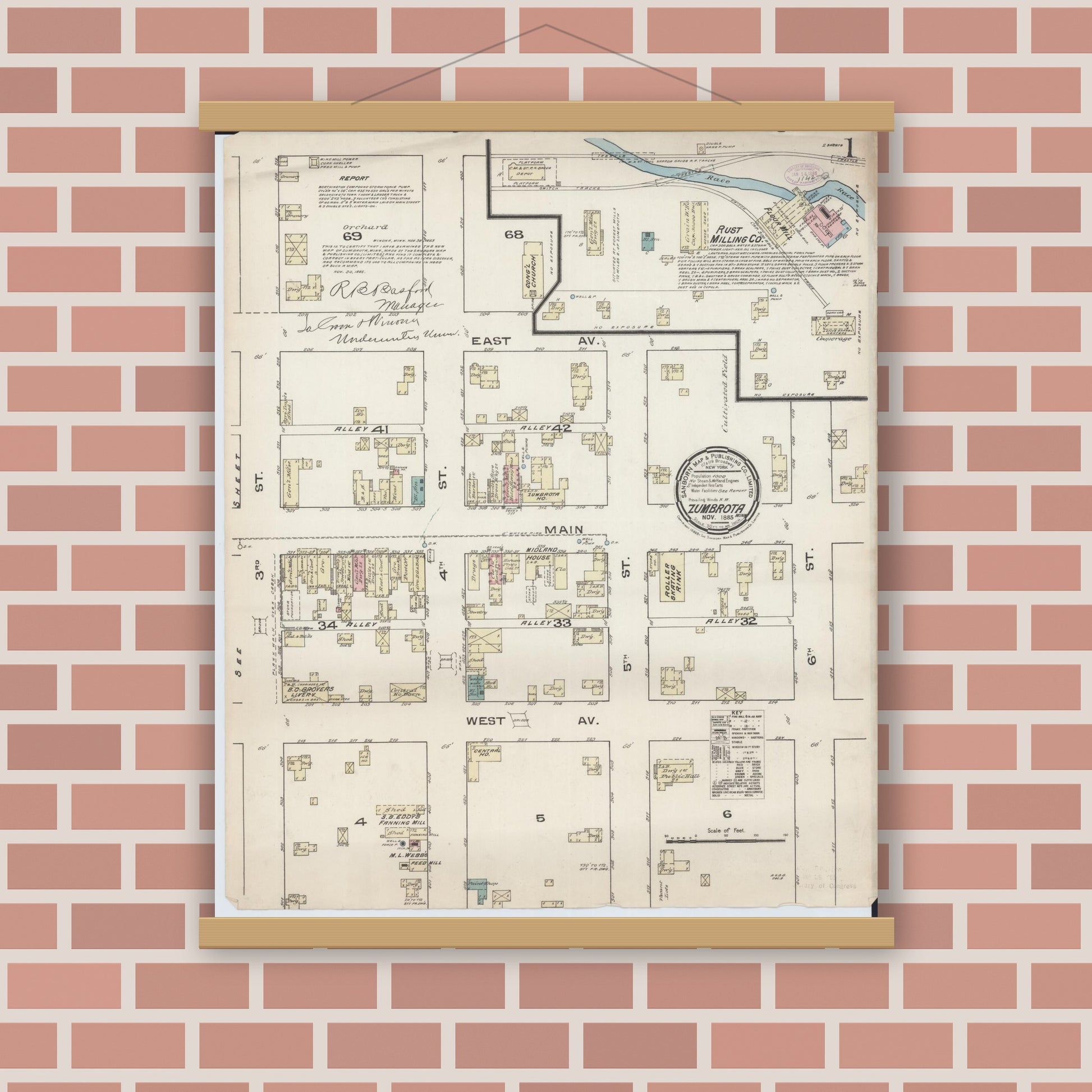 Old map wall art mockup — magnetic wood frame on brick wall — Sanborn Fire Insurance Map from Zumbrota, Goodhue County, Minnesota (1885) - Complete Map Set
