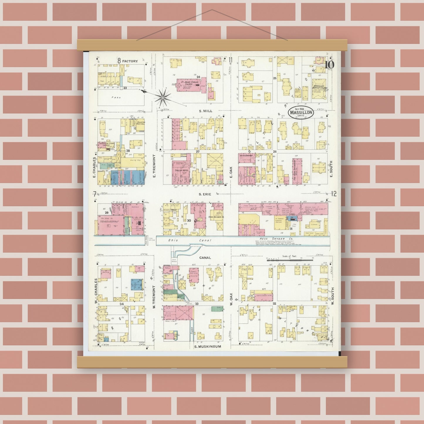 Old map wall art mockup — magnetic wood frame on brick wall — Sanborn Fire Insurance Map from Massillon, Stark County, Ohio (1908), Sheet #0010