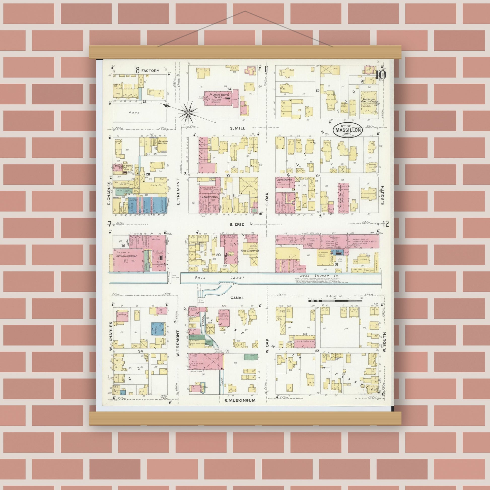 Old map wall art mockup — magnetic wood frame on brick wall — Sanborn Fire Insurance Map from Massillon, Stark County, Ohio (1908), Sheet #0010