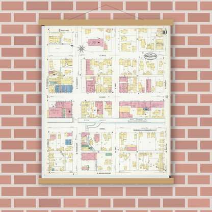 Old map wall art mockup — magnetic wood frame on brick wall — Sanborn Fire Insurance Map from Massillon, Stark County, Ohio (1908), Sheet #0010