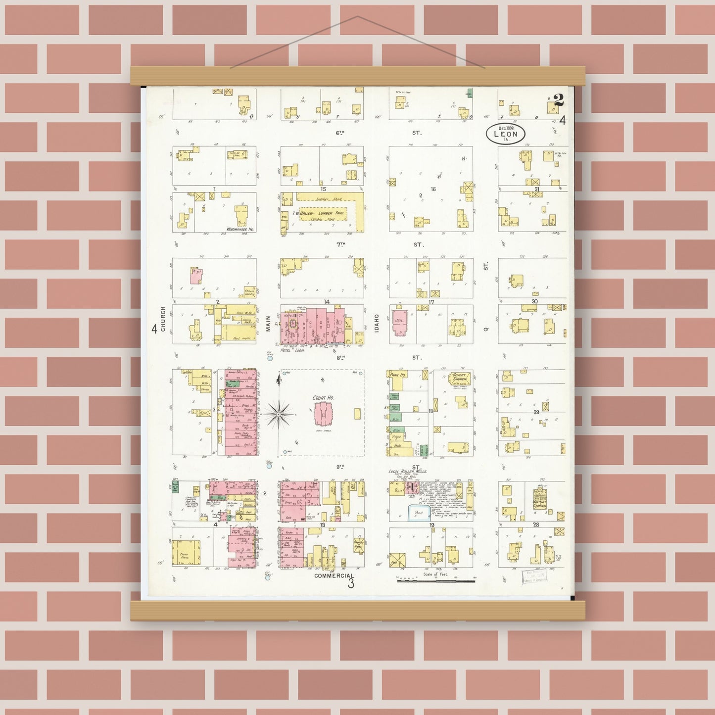 Old map wall art mockup — magnetic wood frame on brick wall — Sanborn Fire Insurance Map from Leon, Decatur County, Iowa (1898), Sheet #0002