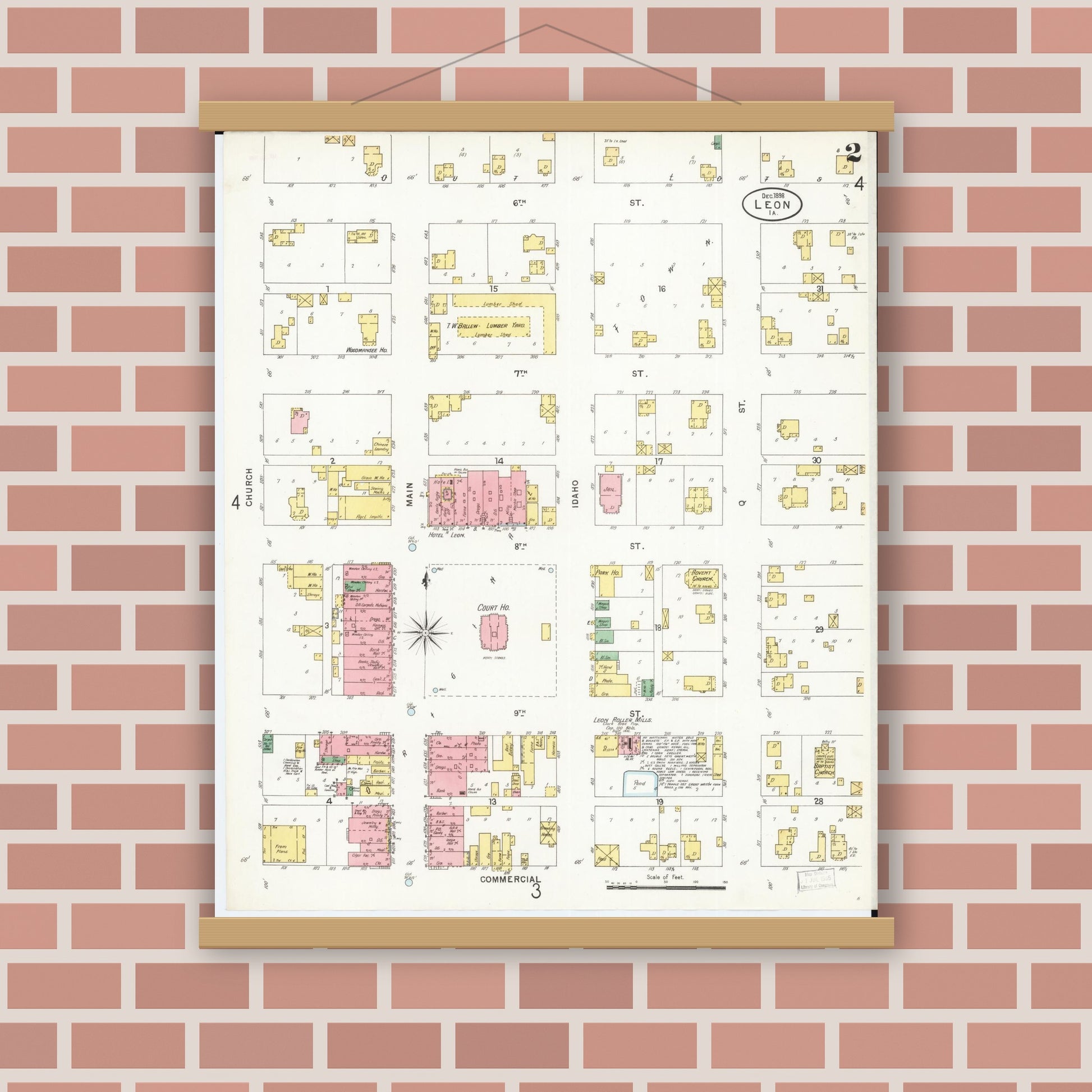 Old map wall art mockup — magnetic wood frame on brick wall — Sanborn Fire Insurance Map from Leon, Decatur County, Iowa (1898), Sheet #0002