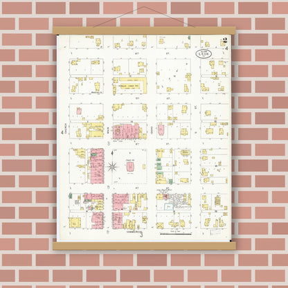 Old map wall art mockup — magnetic wood frame on brick wall — Sanborn Fire Insurance Map from Leon, Decatur County, Iowa (1898), Sheet #0002
