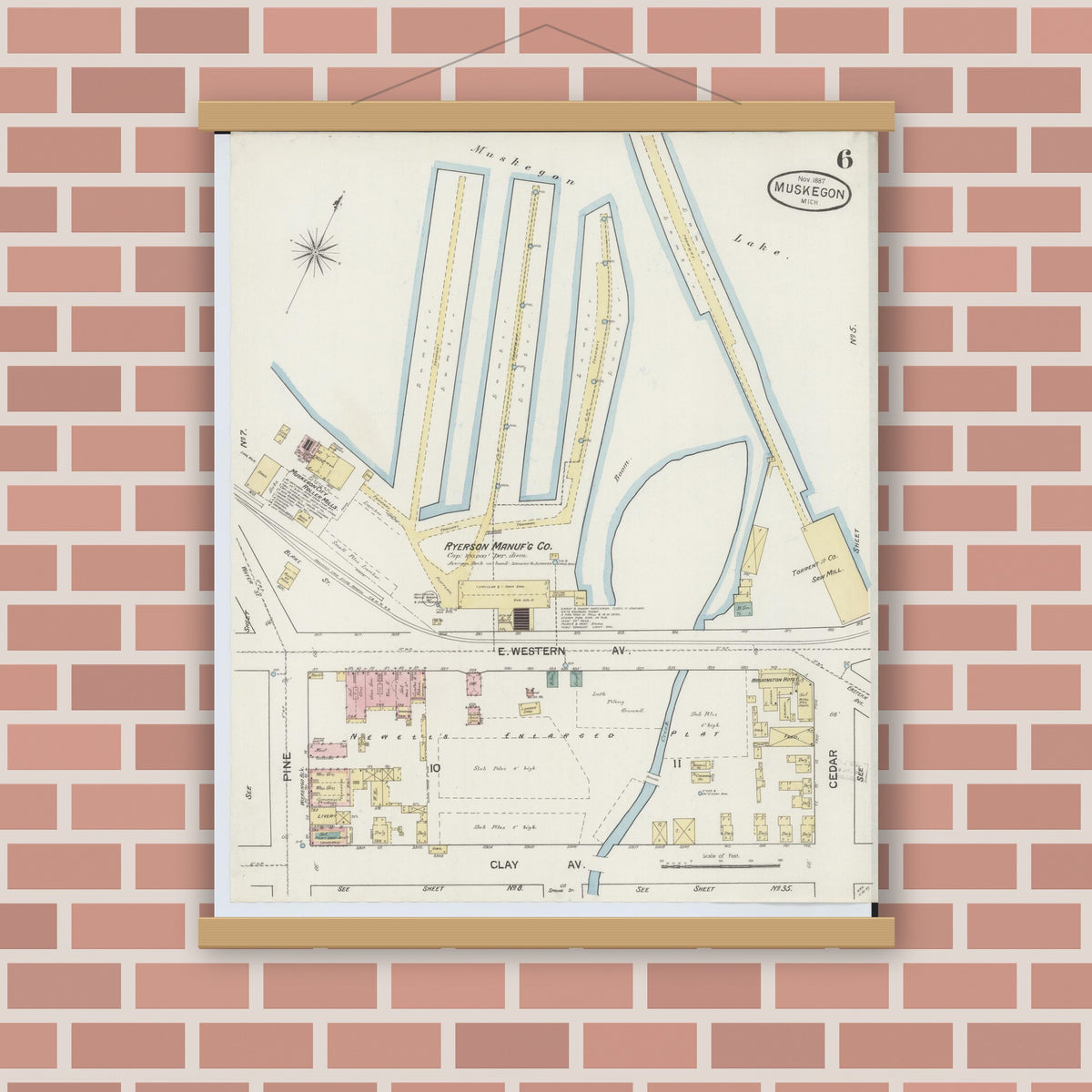 Old map wall art mockup — magnetic wood frame on brick wall — Sanborn Fire Insurance Map from Muskegon, Muskegon County, Michigan (1887), Sheet #0006