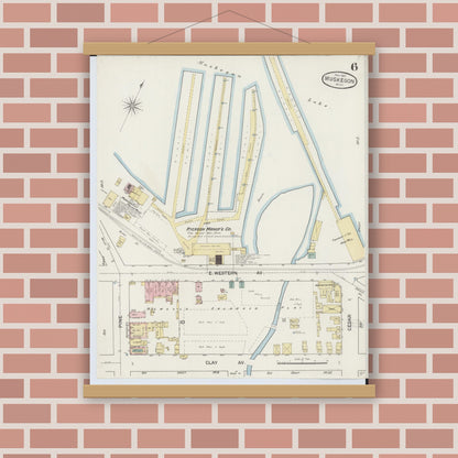 Old map wall art mockup — magnetic wood frame on brick wall — Sanborn Fire Insurance Map from Muskegon, Muskegon County, Michigan (1887), Sheet #0006