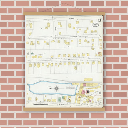 Old map wall art mockup — magnetic wood frame on brick wall — Sanborn Fire Insurance Map from Gardner, Worcester County, Massachusetts (1905), Sheet #0013