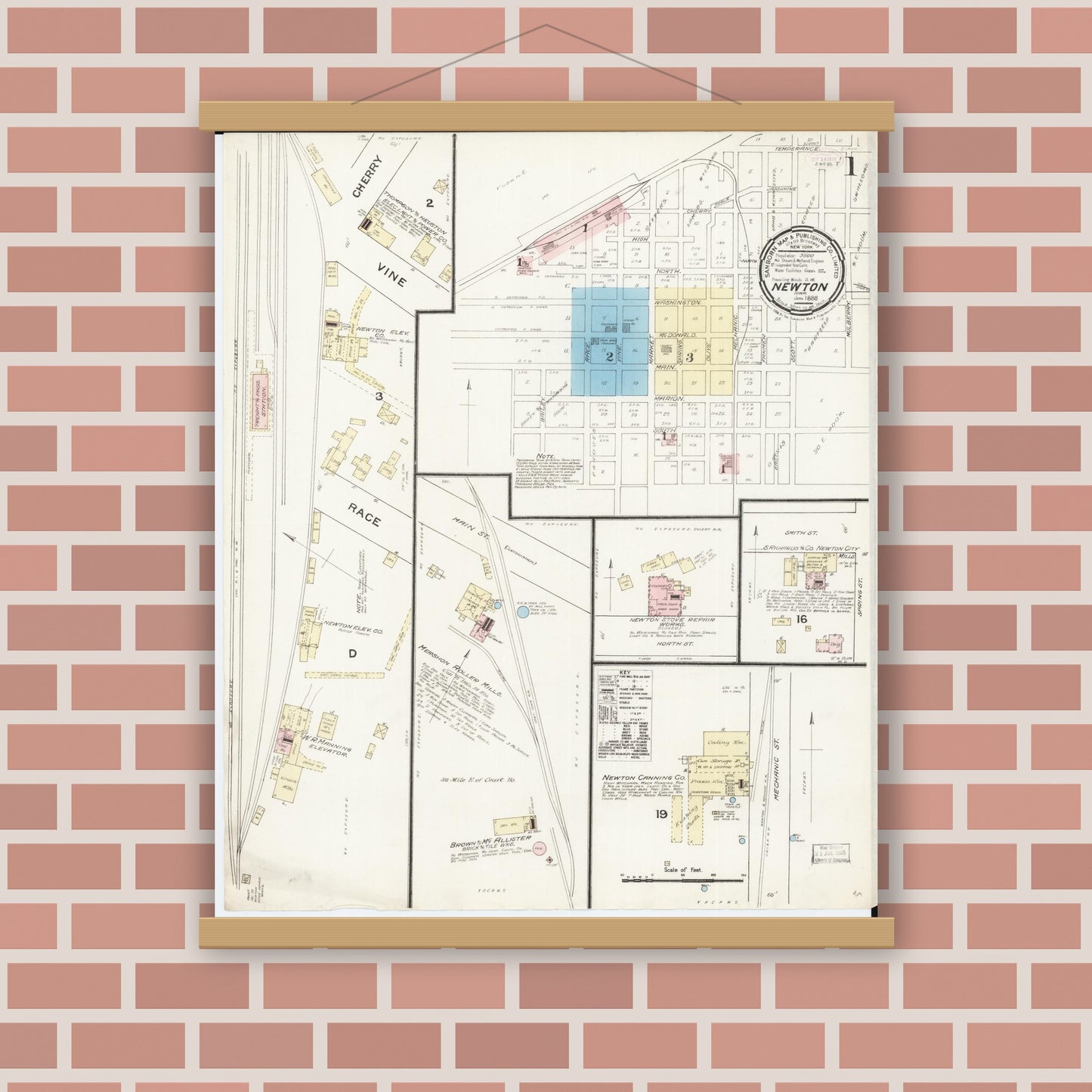 Old map wall art mockup — magnetic wood frame on brick wall — Sanborn Fire Insurance Map from Newton, Jasper County, Iowa (1888) â€” Complete Set