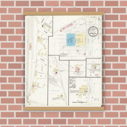 Old map wall art mockup — magnetic wood frame on brick wall — Sanborn Fire Insurance Map from Newton, Jasper County, Iowa (1888) â€” Complete Set