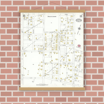 Old map wall art mockup — magnetic wood frame on brick wall — Sanborn Fire Insurance Map from Taylor, Williamson County, Texas (1923), Sheet #0011