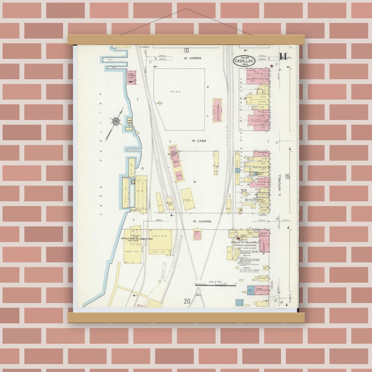 Old map wall art mockup — magnetic wood frame on brick wall — Sanborn Fire Insurance Map from Cadillac, Wexford County, Michigan (1914), Sheet #0014