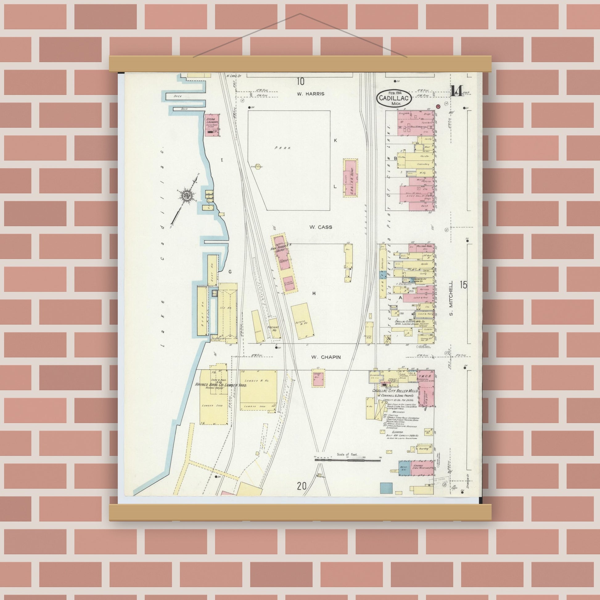 Old map wall art mockup — magnetic wood frame on brick wall — Sanborn Fire Insurance Map from Cadillac, Wexford County, Michigan (1914), Sheet #0014