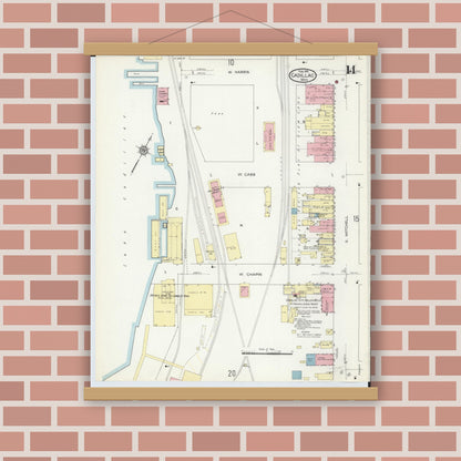 Old map wall art mockup — magnetic wood frame on brick wall — Sanborn Fire Insurance Map from Cadillac, Wexford County, Michigan (1914), Sheet #0014