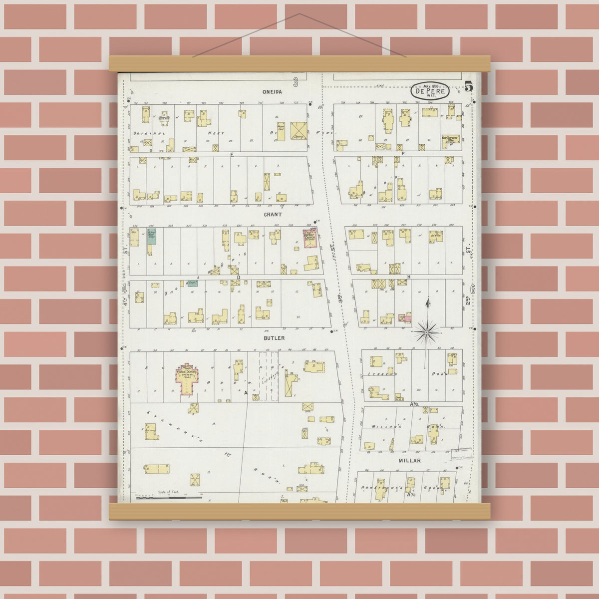 Old map wall art mockup — magnetic wood frame on brick wall — Sanborn Fire Insurance Map from De Pere, Brown County, Wisconsin (1895), Sheet #0005