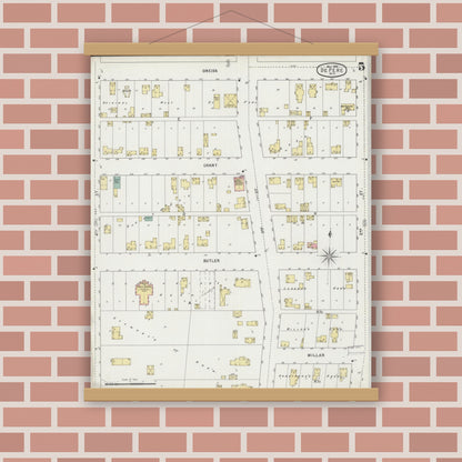 Old map wall art mockup — magnetic wood frame on brick wall — Sanborn Fire Insurance Map from De Pere, Brown County, Wisconsin (1895), Sheet #0005